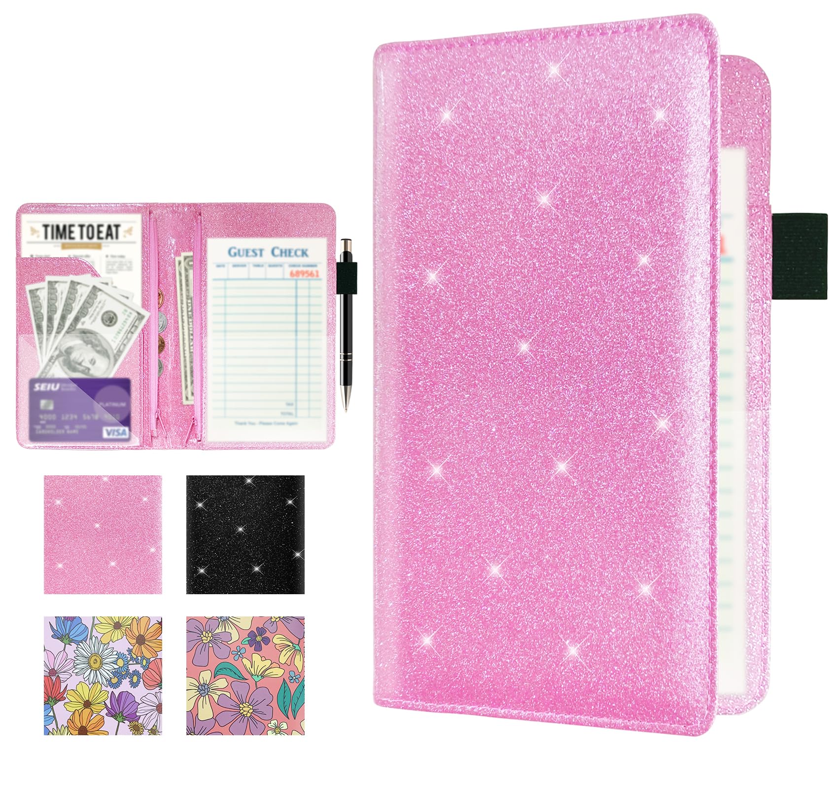 Server Book, Waitress Book, Leather Server Book Organizer with Double Zippered Pocket and Pen Holder, Cash Check Bill Receipt Presenter