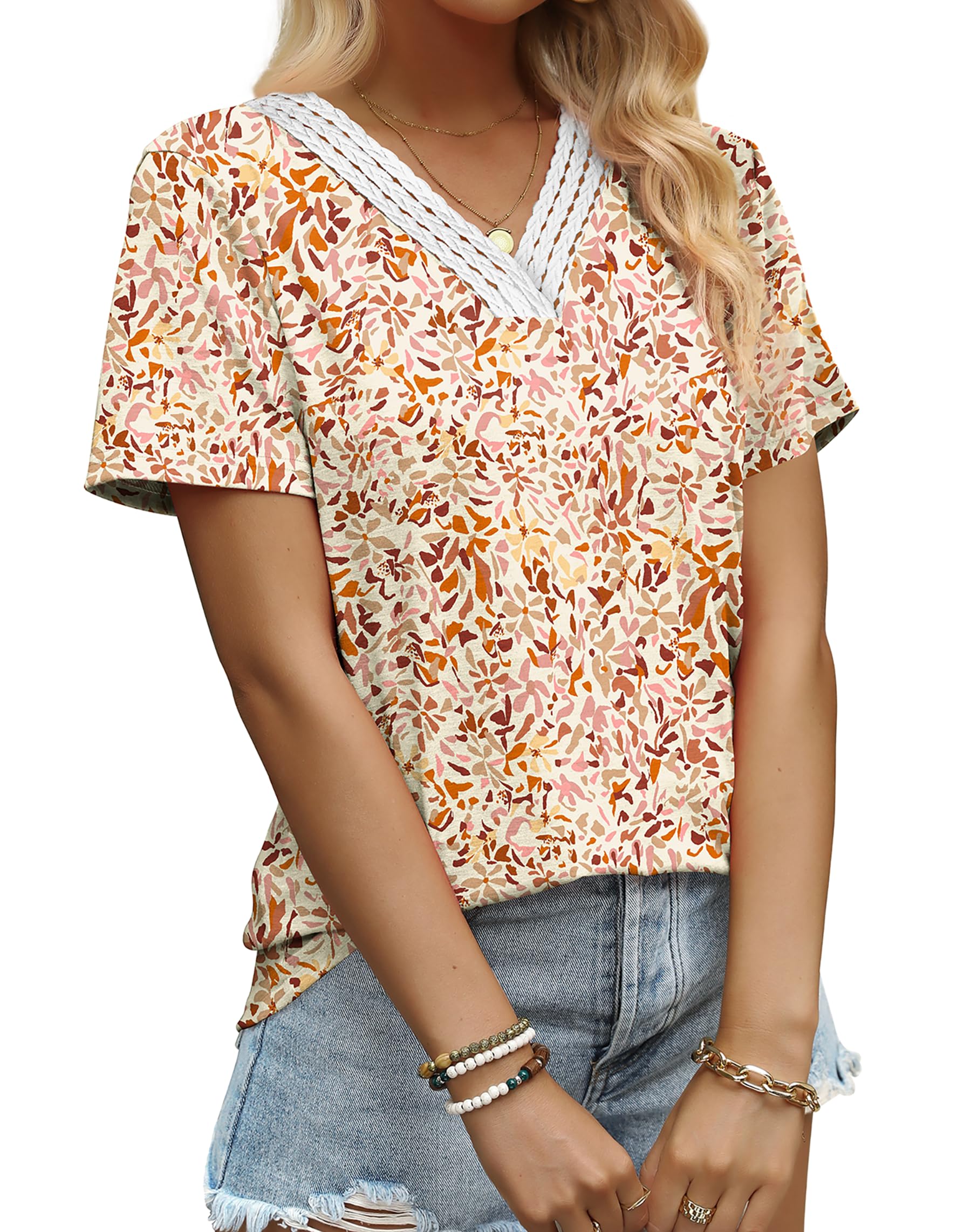 Aokosor Womens Summer Tops 2025 Trendy Crochet V Neck Tee Shirts Short Sleeve Casual