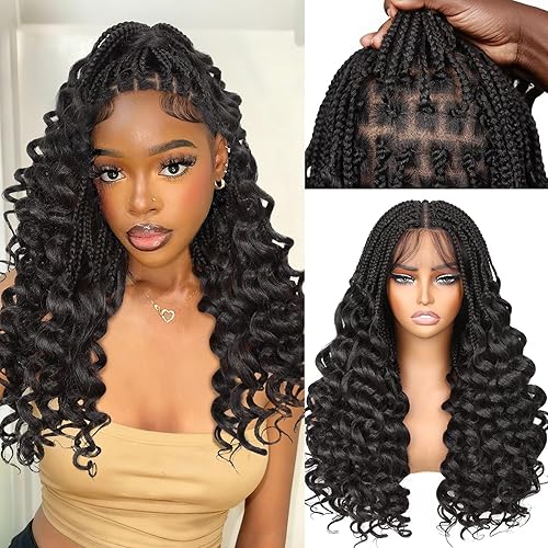 HANNE Braided Wigs for Black Women Double Full Lace Box Braided Wigs Synthetic Wavy Glueless Braid Wig with Baby Hair 3D Curls Braided Wig 24 Inch (1B, Wavy-24)