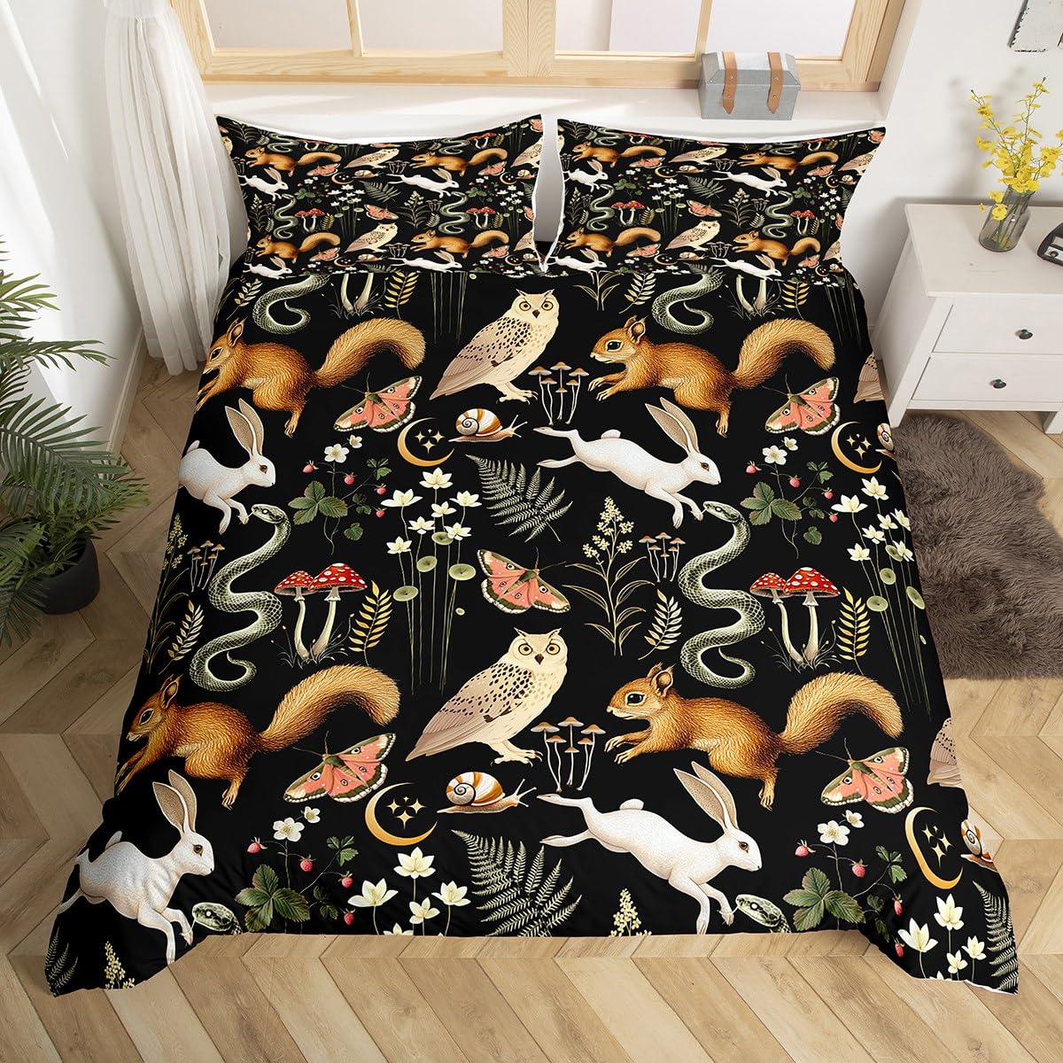 Loussiesd Animal Duvet Cover Double Size Squirrels Rabbits Owls Snakes Bedding Set for Boys Girls Flowers Comforter Cover Bedroom Decor 3Pcs Zipper Closure with 2 Pillowcases — image 1