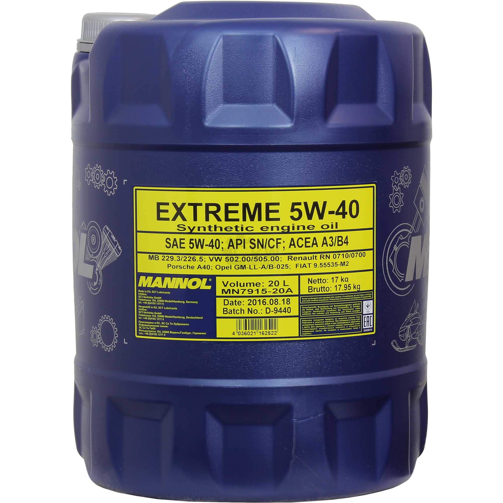 Mannol Extreme 5W-40 - Set di 4 barattoli per olio motore, 20 litri
