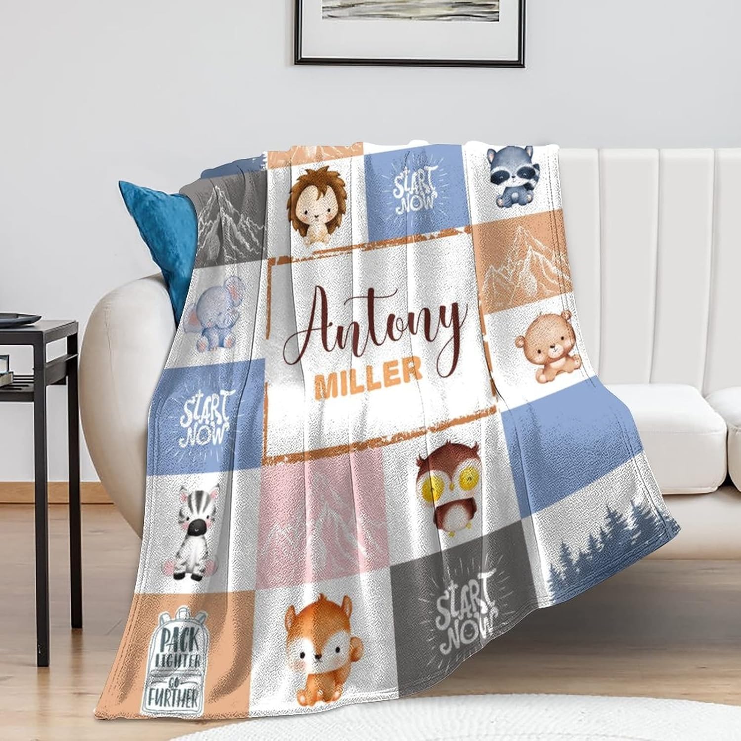 Personalized Woodland Blankets with Name, Custom Baby Jungle Animal Print Nursery Blanket, Customized Soft Baby Swaddle Throw Blankets for Kids Boys Girls, Toddler Baby Shower Birthday Gifts 40"x50"