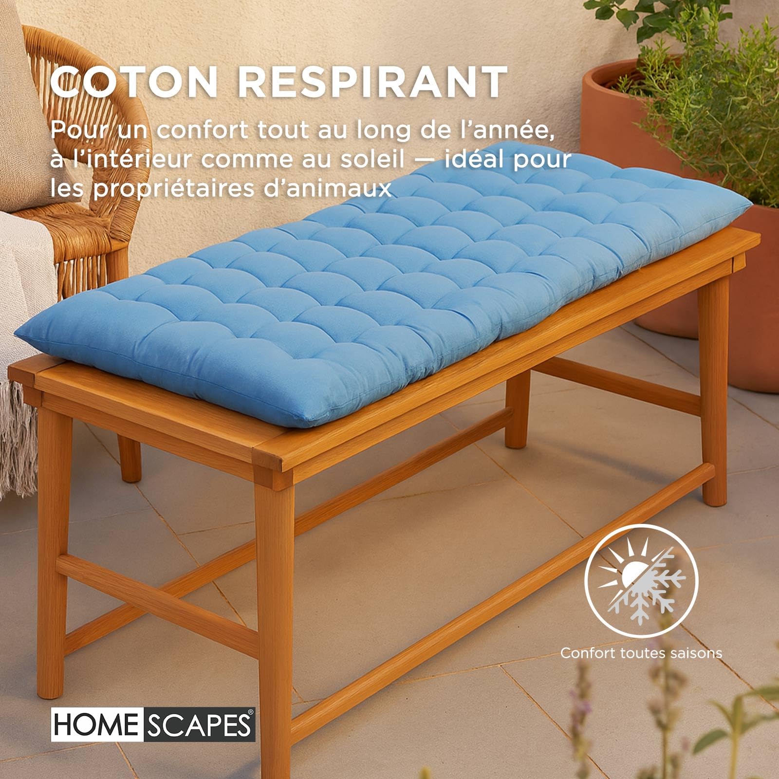 HOMESCAPES Coussin pour Banc de Jardin, Matelas de Sol, Coussin pour Banquette extérieure 3 Places, Coton - 143 x 48 x 5 cm - Bleu foncé