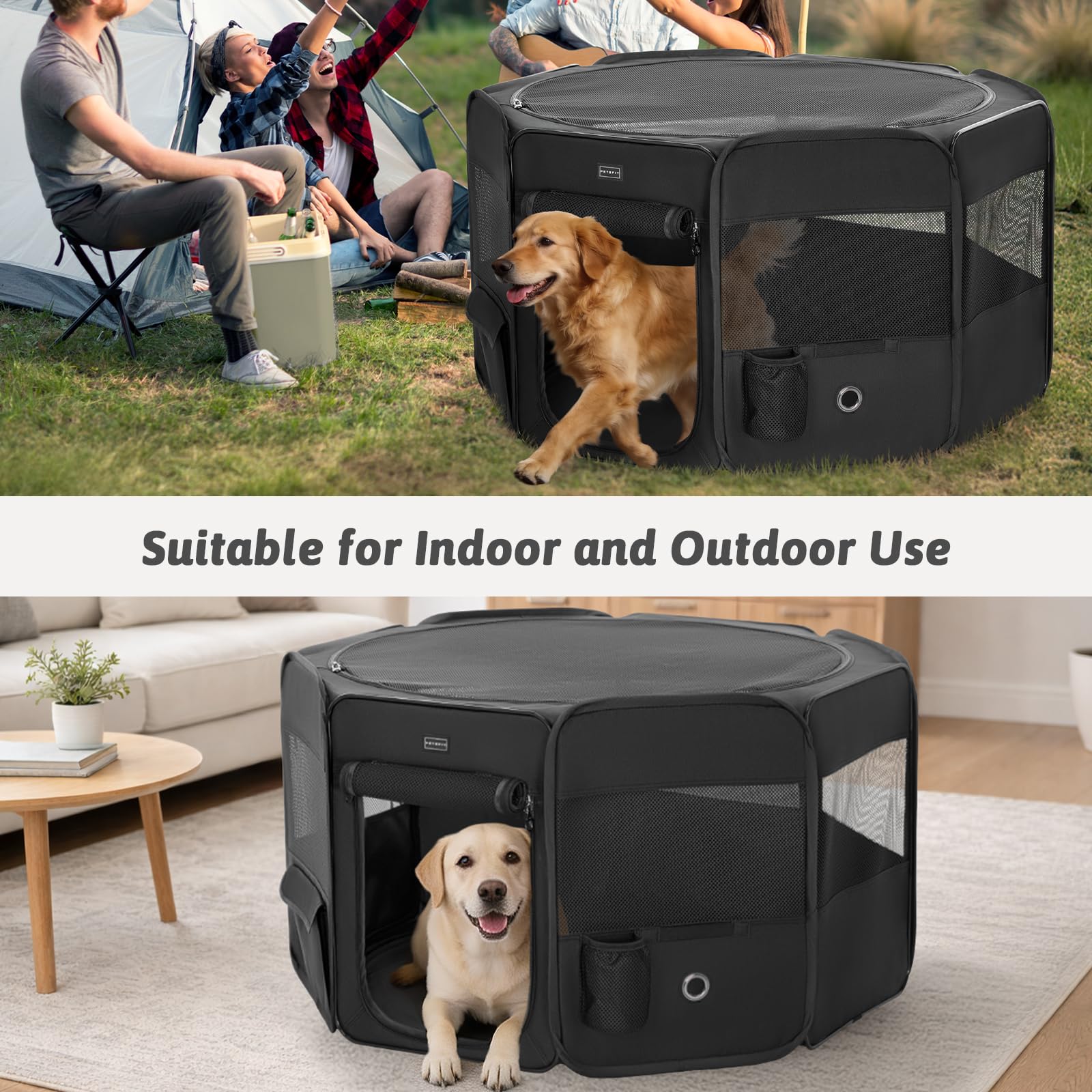 PETSFIT Penna per cani per interni, fondo anti-perdite, pieghevole, pieghevole, design a prova di masticazione, box per cani da interno, 116 × 106 × 72 cm, nero