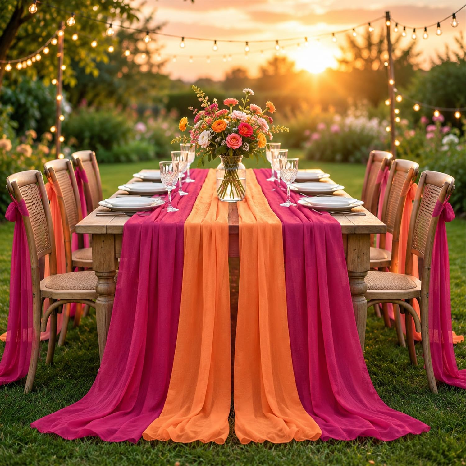 Orange Red Party Decoration Table Runner, 4 Pack Boho Chiffon Tablecloth