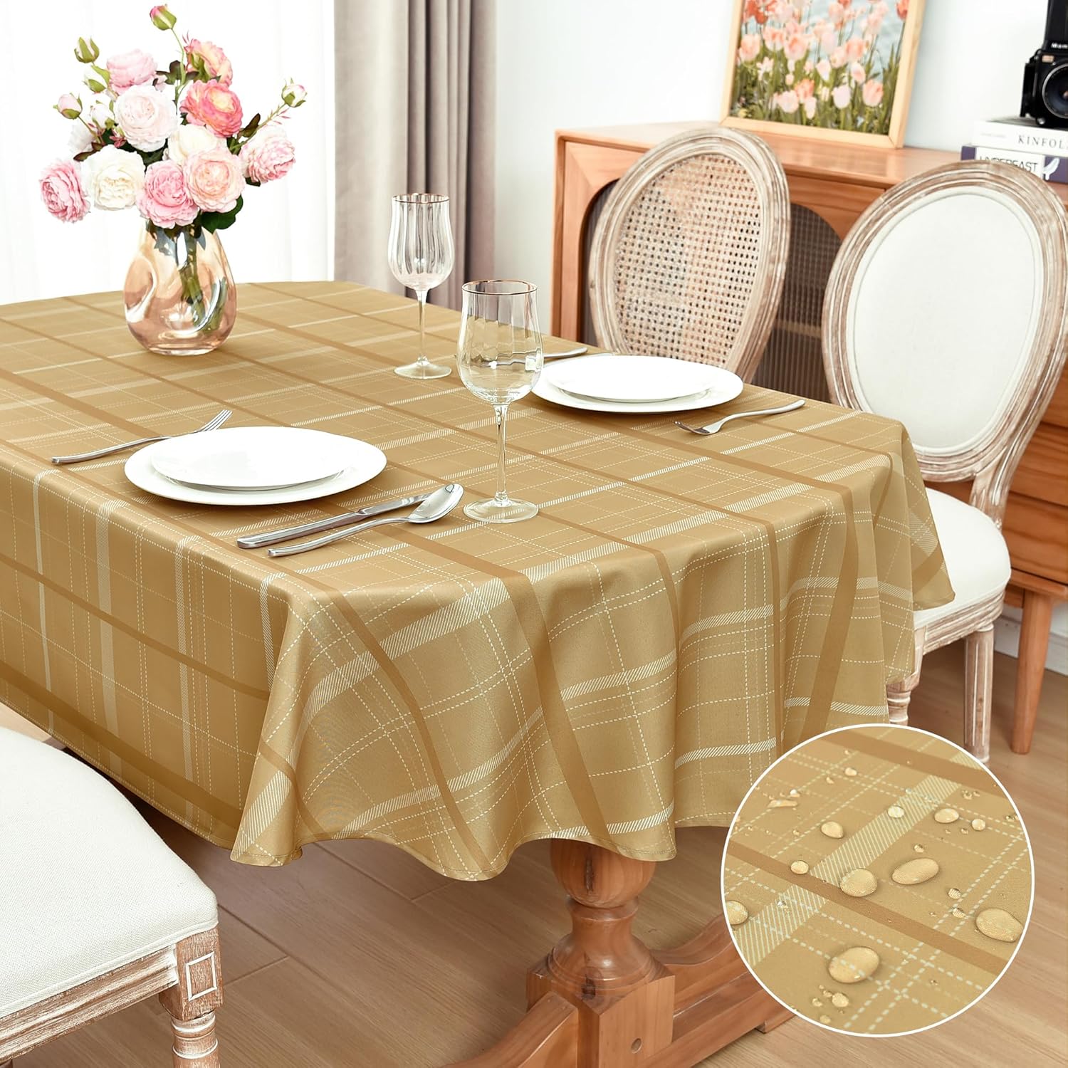 eeivs Gold Plaid Tablecloth Waterproof Table Cloth Oval