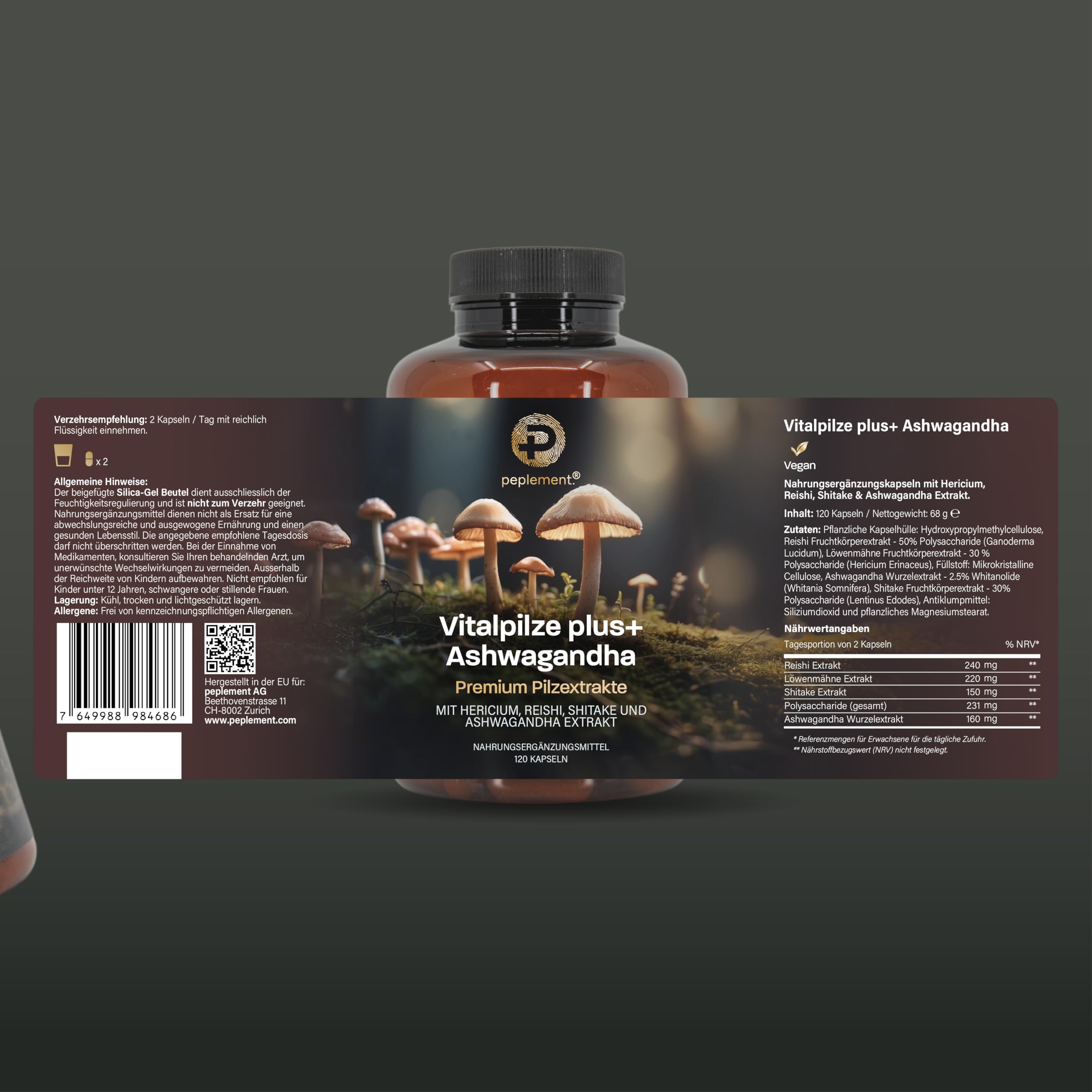 Vitalpilz plus+ Ashwagandha Kapseln | Mushroom Complex – 120 Kapseln – Lions Mane (Hericium), Reishi, Shiitake & Ashwagandha Extrakt – 30–50% Polysaccharide, 2,5% Withanolide – Vegan
