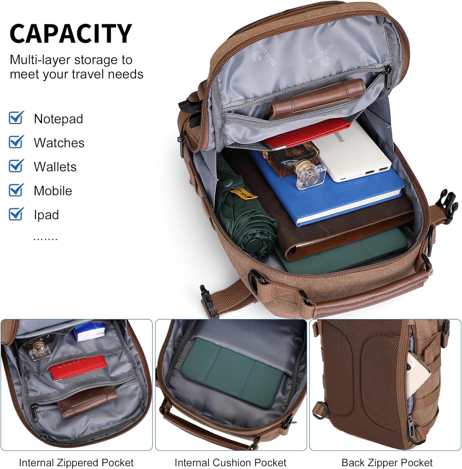 WITZMAN Sling Bag for Men Canvas Crossbody Bags Large Vintage Shoulder Bags for Men Travel, Casual, Daily(A8021 Brown) - Image 4