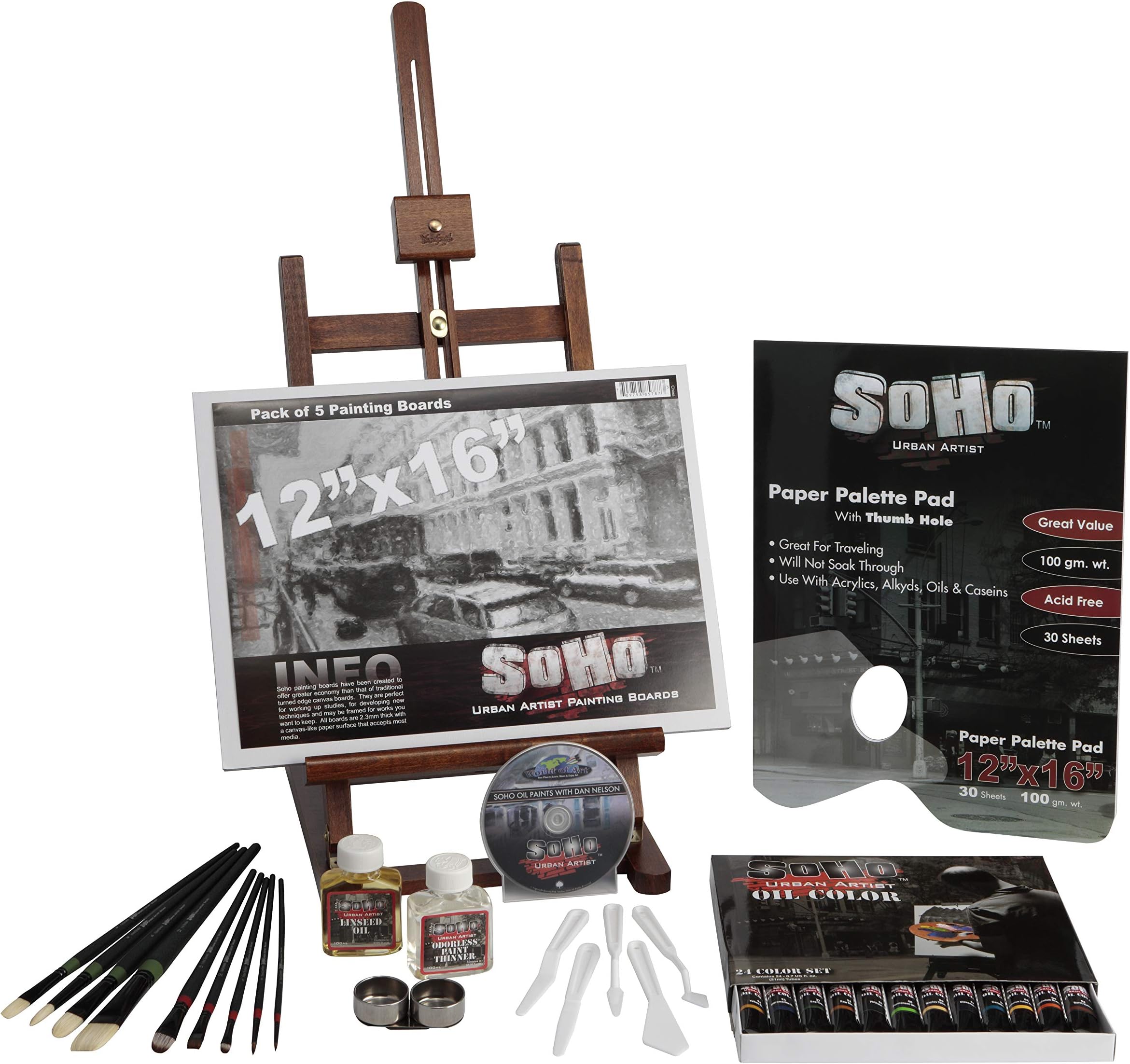 SoHo Urban Artist Deluxe 49 Piece Really Complete Oil Painting Set Includes Table Easel, Paints, Brushes Palette Paper and Cups Instructional DVD
