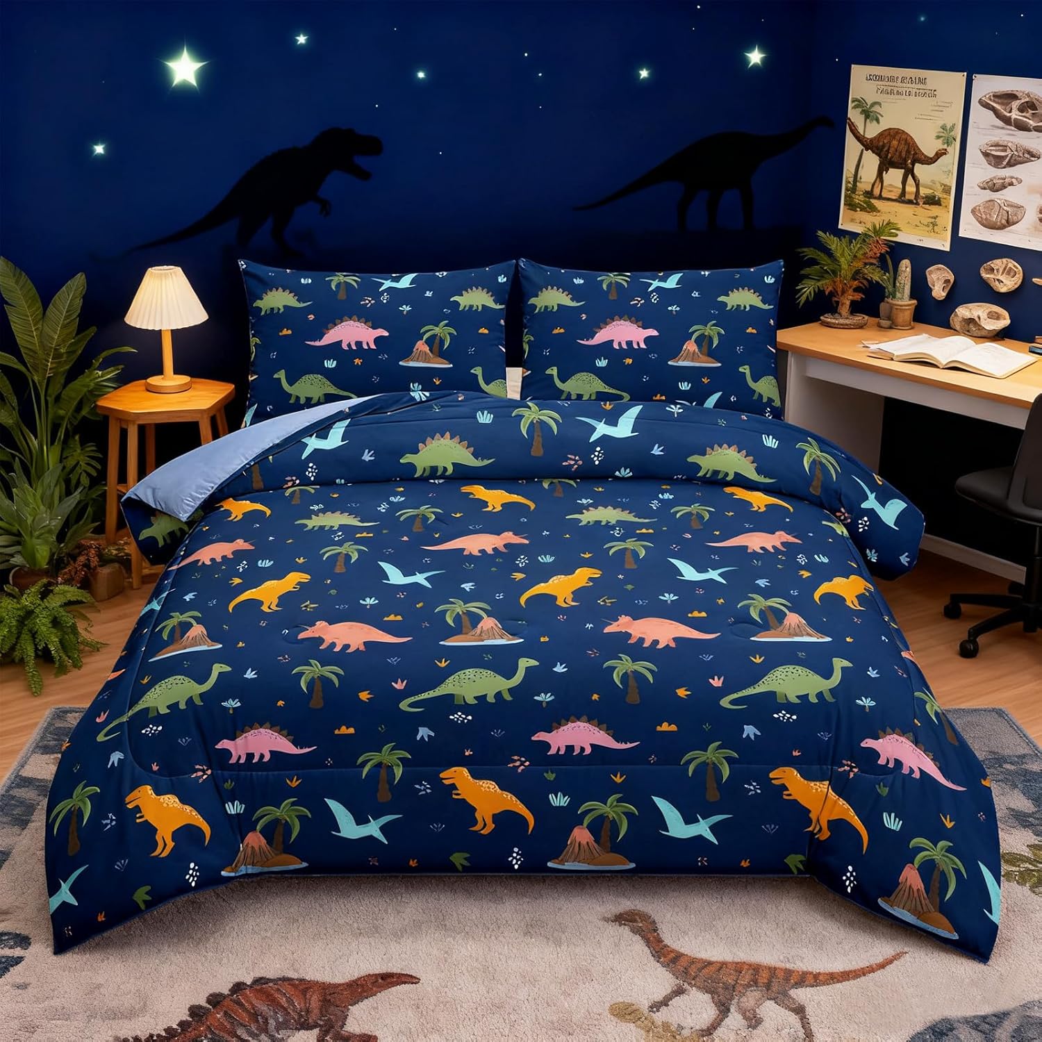 Peopleareok Dinosaur Comforter Set Twin (68x86 Inch), 2 Pieces Dark Blue Dinosaur Bedding Set for Boys Teens, Super Soft Lightweight Dinosaurs Print Comforter Sets for All Seasons