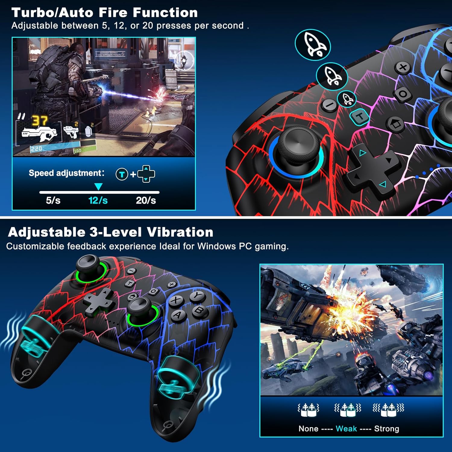 Image showing the Turbo/Auto Fire function with speed adjustment options and the adjustable 3-level vibration feature.