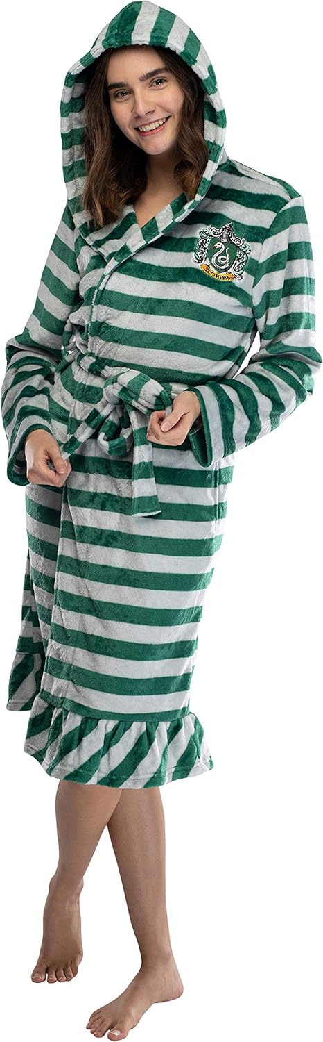 Harry Potter Juniors' Striped Hooded Plush Fleece Robe - All 4 Houses Gryffindor, Hufflepuff, Slytherin, Ravenclaw