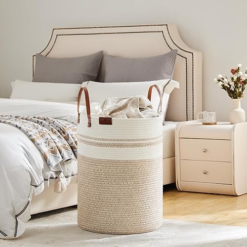 Miniatura 4 de VIPOSCO Cesta alta para ropa sucia, cesta grande para ropa sucia con mango de cuero, cesta de almacenamiento de cuerda tejida para manta, juguete en