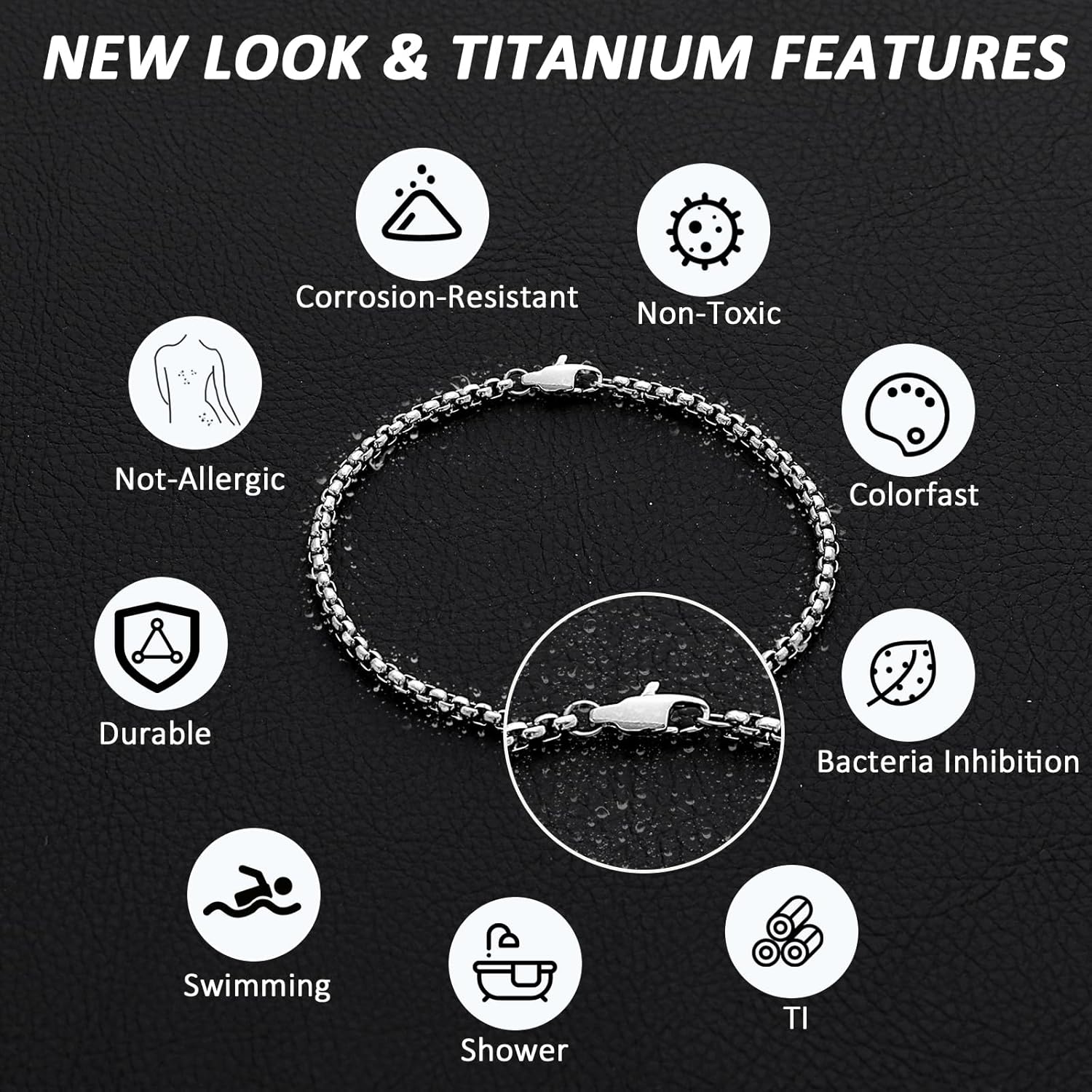 SanThree 3mm Pure Titanium Box Chain Bracelet for Men Women, Ultra Light NO Allergic Square Rolo Link Round Box Chain Bracelets Bracelets Jewelry Birthday Gifts for Father Grandpa Boyfriend, 7.87” - Image 2