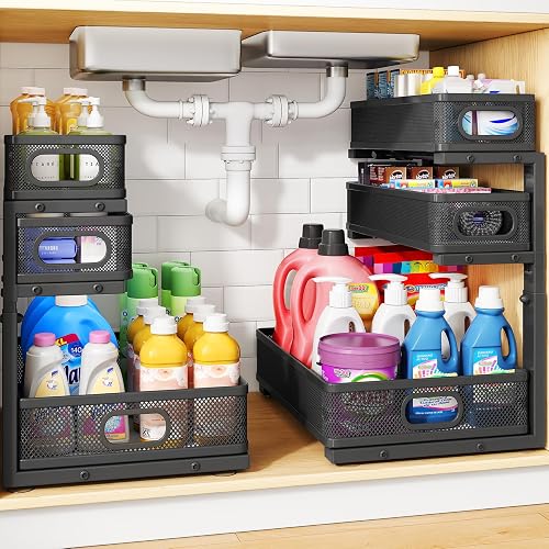 HERJOY Under Sink Organizer 3-Tier 2-Pack, Pull Out Cabinet Storage Shelf Adjustable Height Holds 55lbs