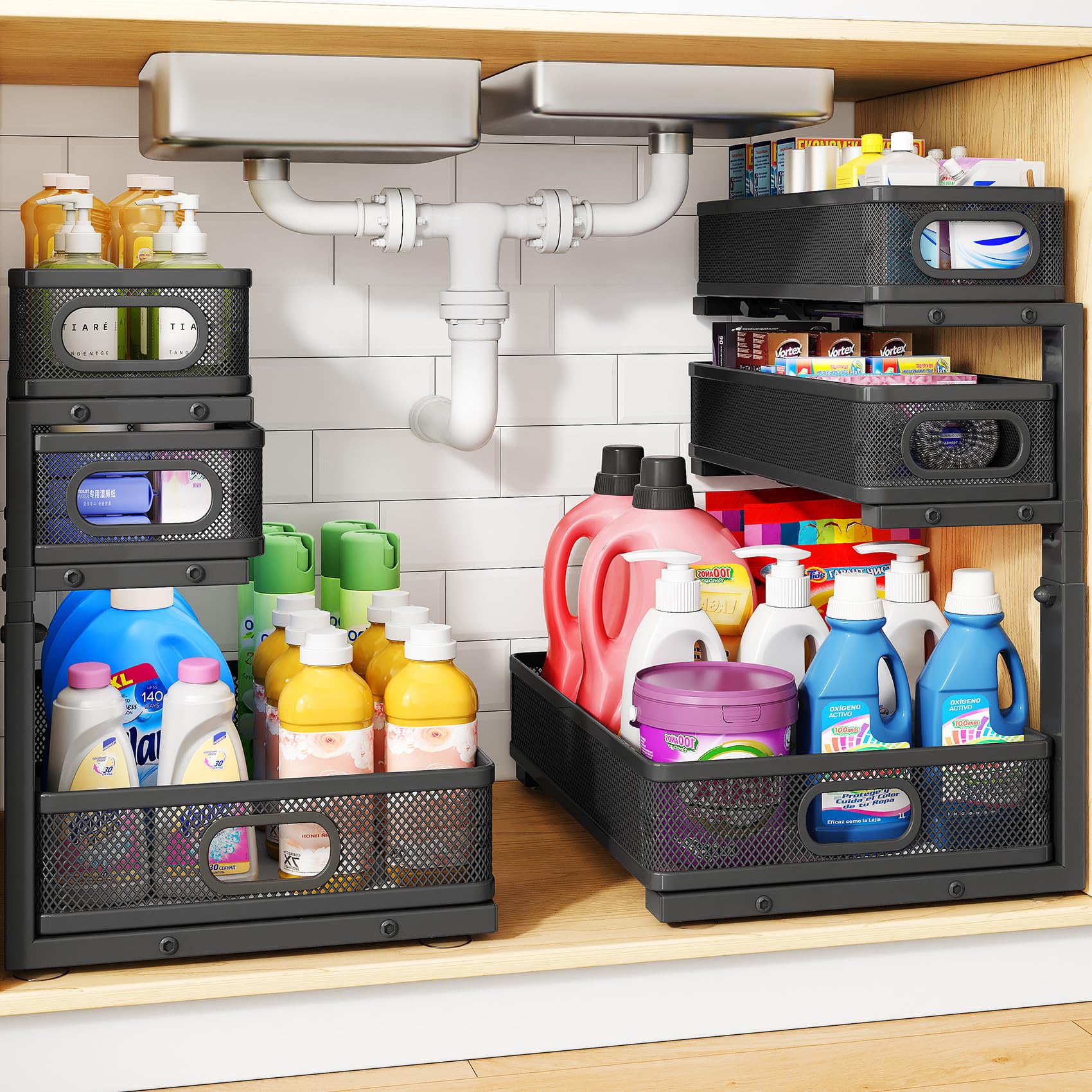Photo 1 of Under Sink Organizer, 2-Pack 3-Tier Thickened Metal Pull out Cabinet Organizer Shelf, Height Adjustable Slide out Storage Drawer Rack for Kitchen Bathroom Pantry Laundry Home Office Organization