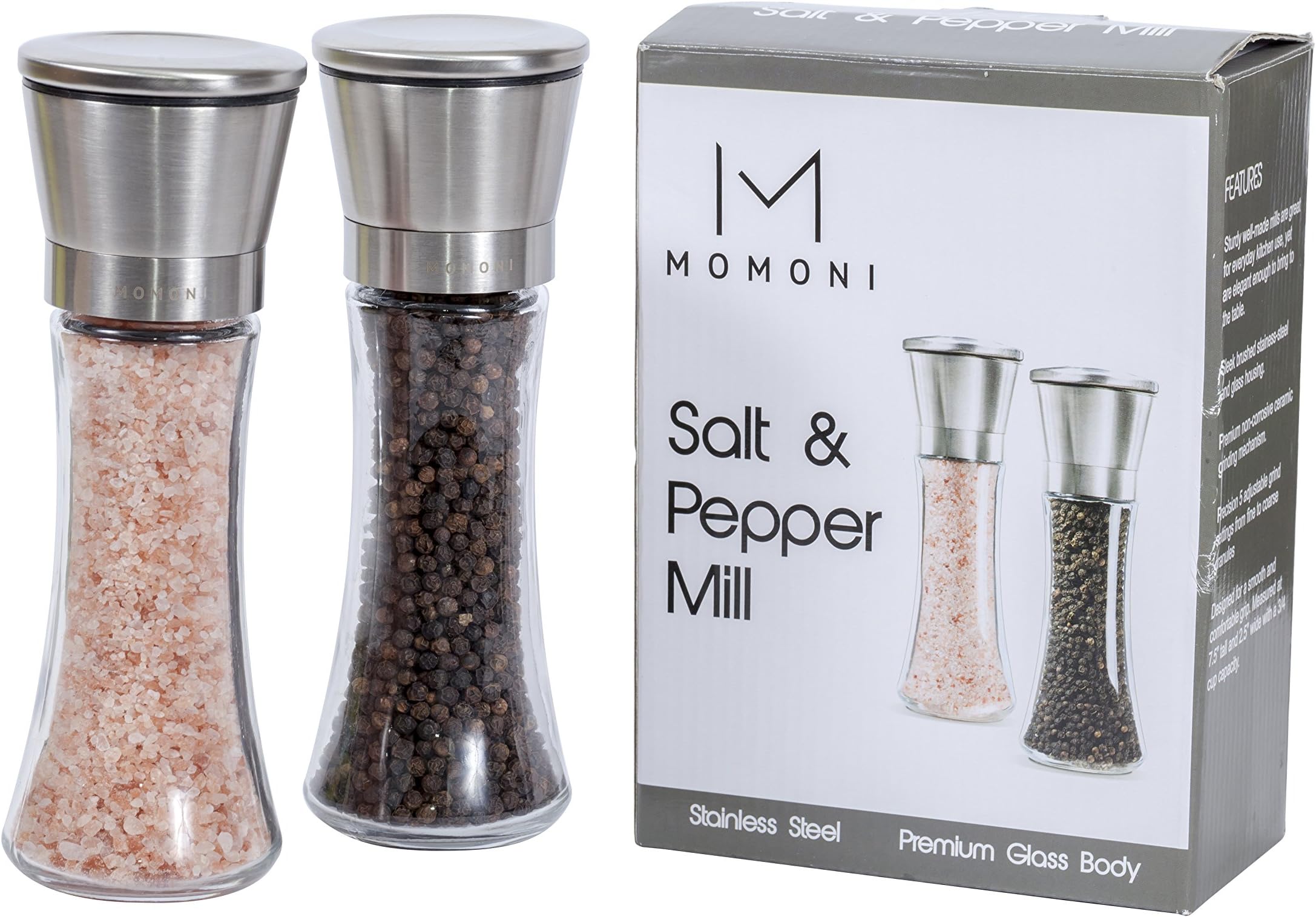 MOMONI Premium Stainless Steel Salt and Pepper Grinder Set - Elegant Salt and Pepper Mill - Adjustable Ceramic Rotor, from Coarse to Fine