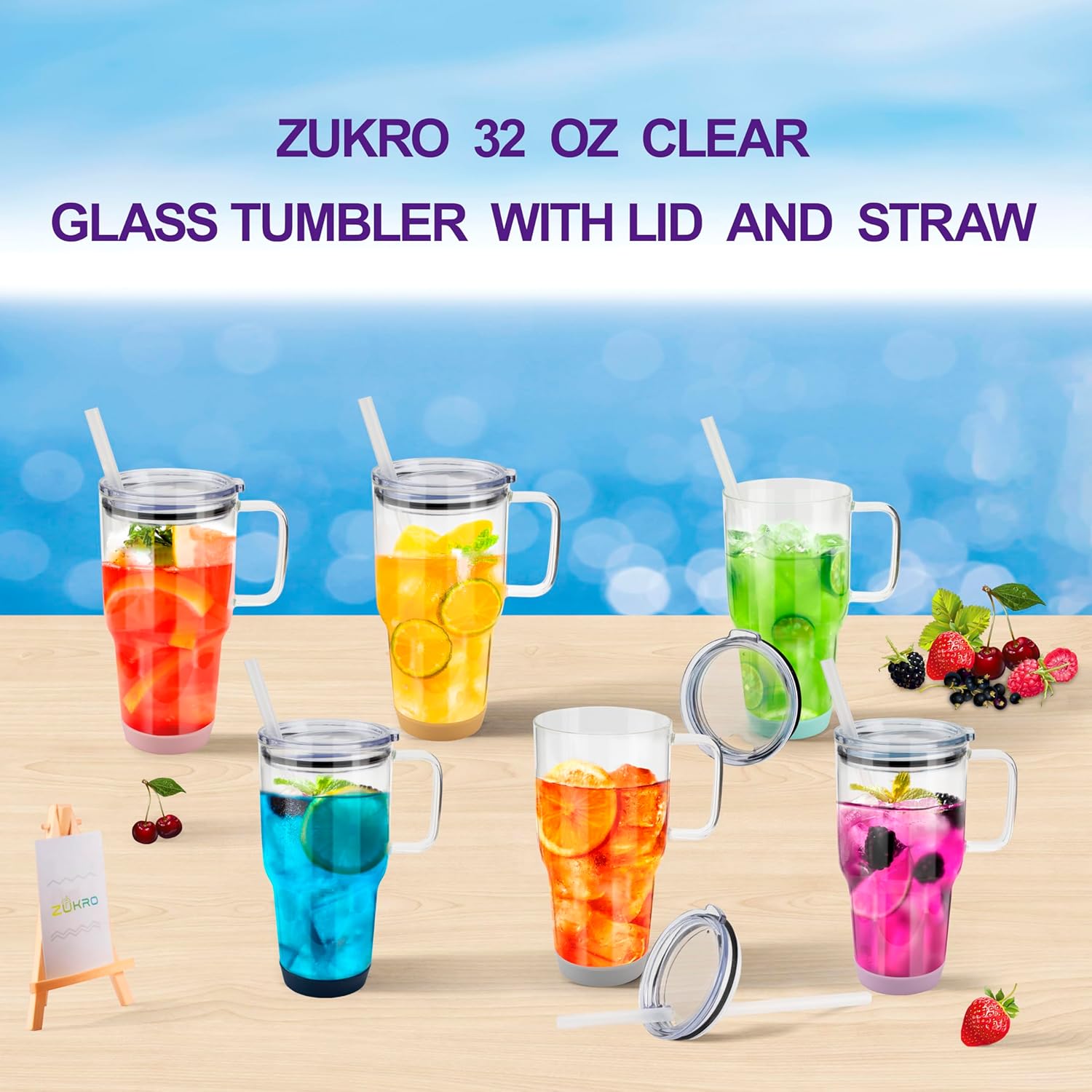 Zukro 32 oz Glass Tumbler with Handle & Straw, Borosilcate Glass Water Cup For Iced Coffee, Smoothie, Hot & Cold Drinks, Non-Slip Silicone Bottom, Fits In Cupholder, BPA Free & Dishwasher Safe - Image 8