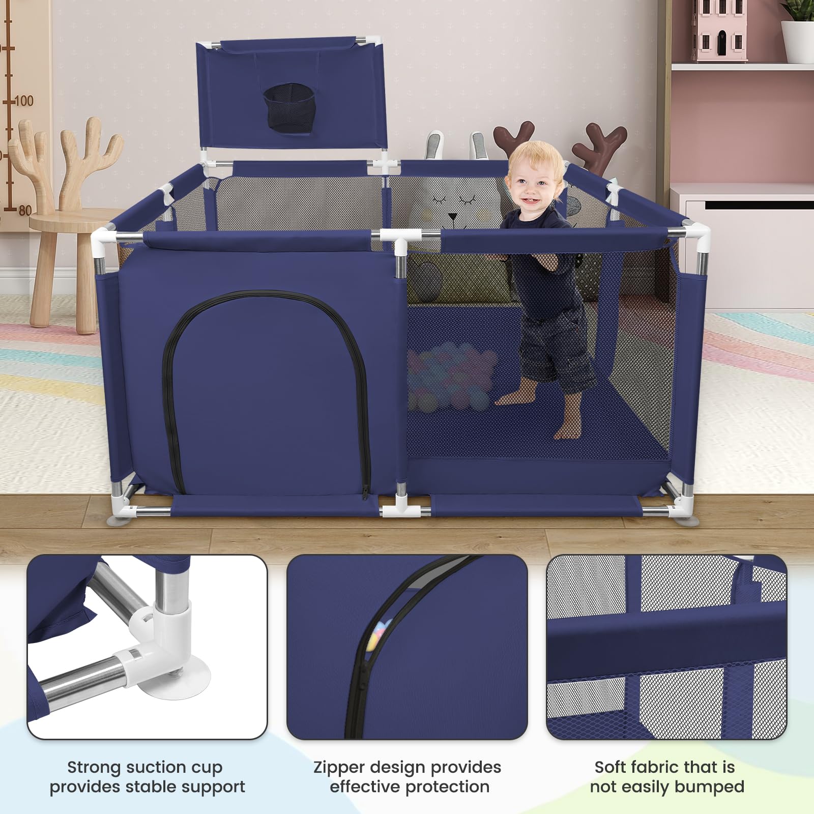 Parc Bébé, Centre d'activités pour Enfants, Modulable, Grand Parc De Jeux avec 50pcs Boules Plastiques, pour la Maison (126x126x66cm, Bleu Marine)