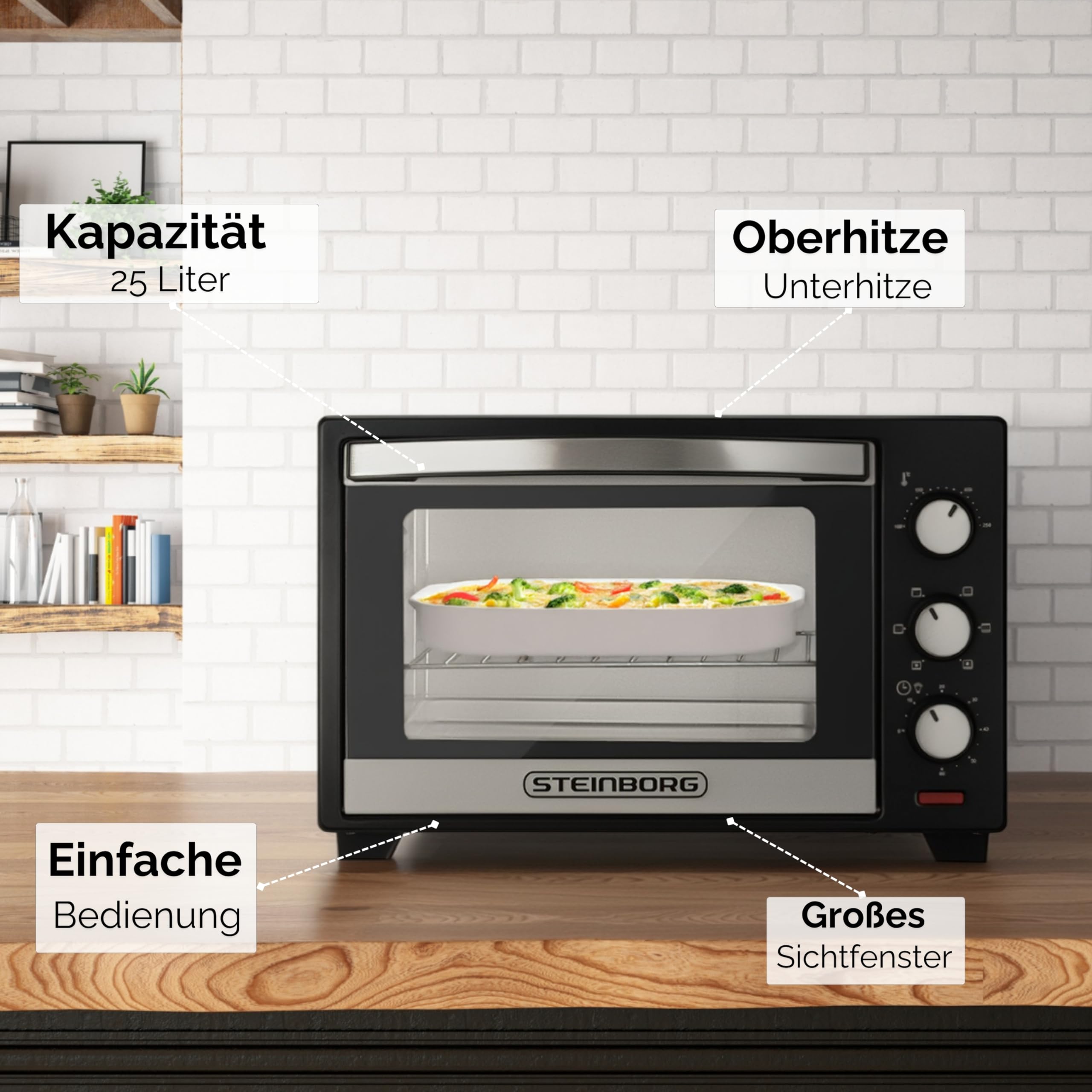 Steinborg® Mini Backofen 25 Liter Miniofen Elektro – Pizzaofen Tischbackofen 3-in-1 mit Ober-/Unterhitze & Umluft Konvektion, 1600 Watt Minibackofen mit 60 Min Timer & Krümelblech