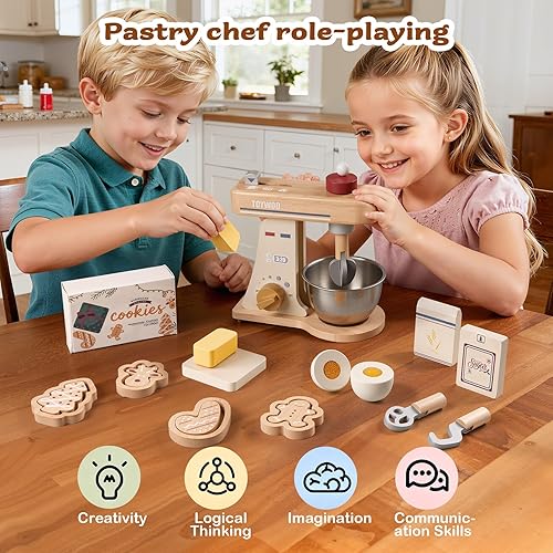 Miniatura 6 de Mezclador de juguete de madera para niños, accesorios de cocina, juegos de comida de madera con batidor, batidores tradicionales, ganchos de masa,