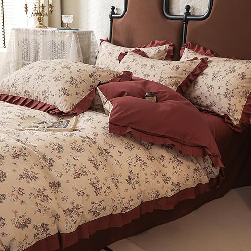 Miniatura 175 de Juego de funda de edredón floral tamaño individual, de algodón suave, 3 piezas, transpirable, con estampado de flores, estilo Shabby Chic, para B