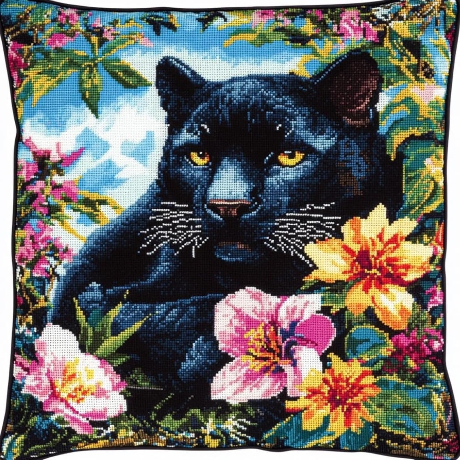 WallustrioaW Stamped Cross Stitch Pillow Kits,Black Panther in the Flower Bushes 11CT Cross Stitch Cushion Cover Embroidery Kit Needlepoint Handmade Cushion for Home Decor 18x18inch