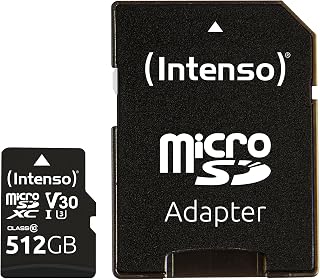 Intenso Professional microSDHC 512GB Class 10 UHS-I, U3, V30 Memory Card including SD Adapter, for 4K Recordings, GoPro, Insta 360, DJI, Osmo, Steam Deck, Drone, Action Camera, Black