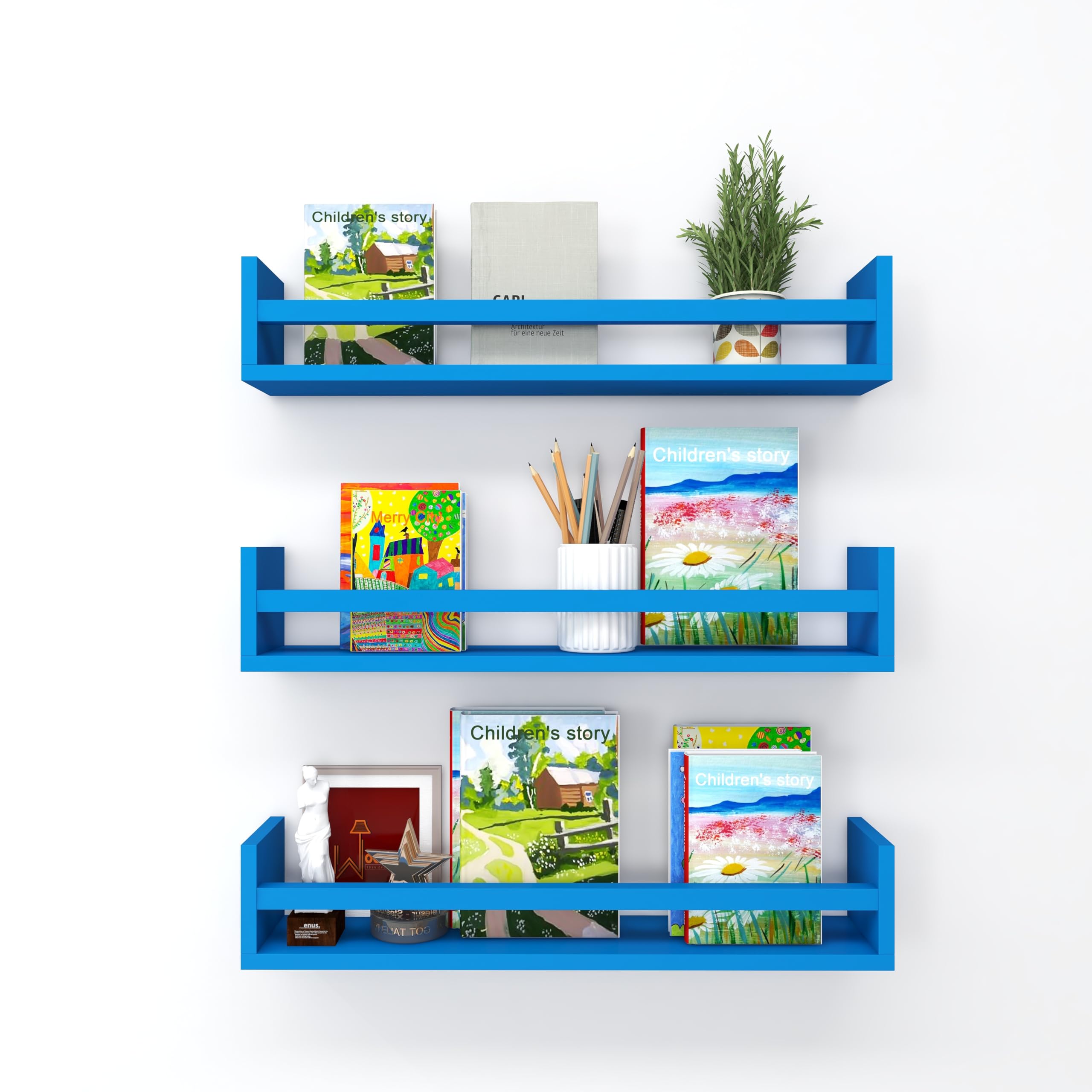 WooDinto Wall Shelves for Living Room, Bedroom | Wall Mounted Shelf | Wall Hanging Storage Unit | Wall Organiser Shelf (Floating Set of 3-24 Inch) (Blue)-image-10