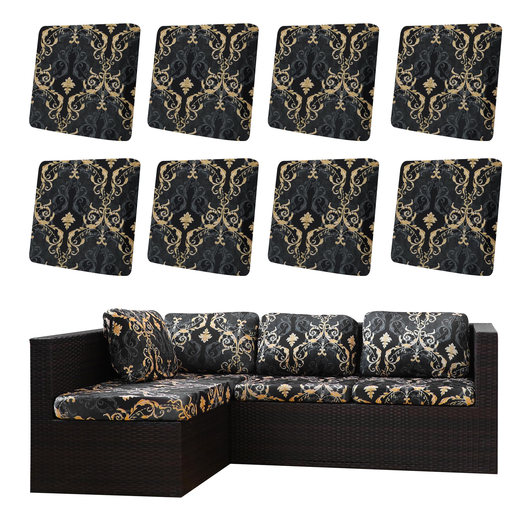 8PCS Patio Cushion Covers.Patio Furniture Couch SeatSlipcovers (Black with Gold-Plated Floral Patterns, 8PCS)
