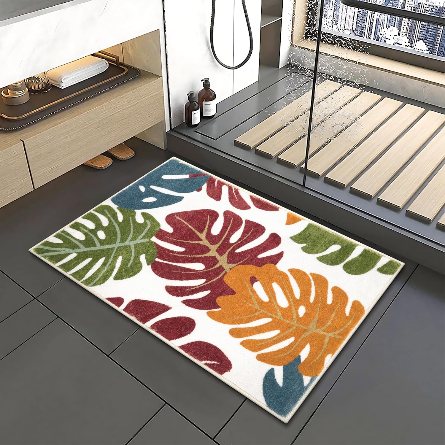 Lukinbox Leaf Bath Mats for Bathroom, Cute Small Machine Washable Non Slip Monstera Bathroom