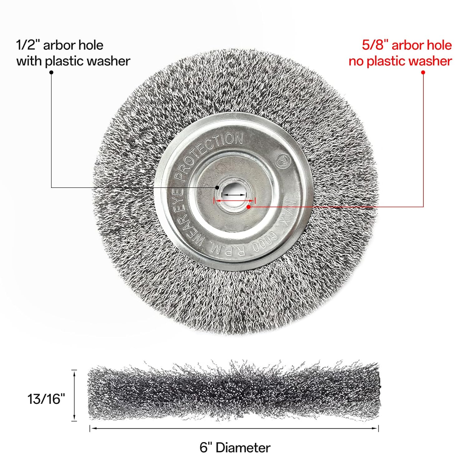 YKLP 6 Inch Wire Wheel Brush for Bench Grinder Grinding Wheel,Coarse Crimped Steel Wire 0.012" with 1/2" & 5/8" Arbor for Rust Removal, Cleaning, Polishing,1PC