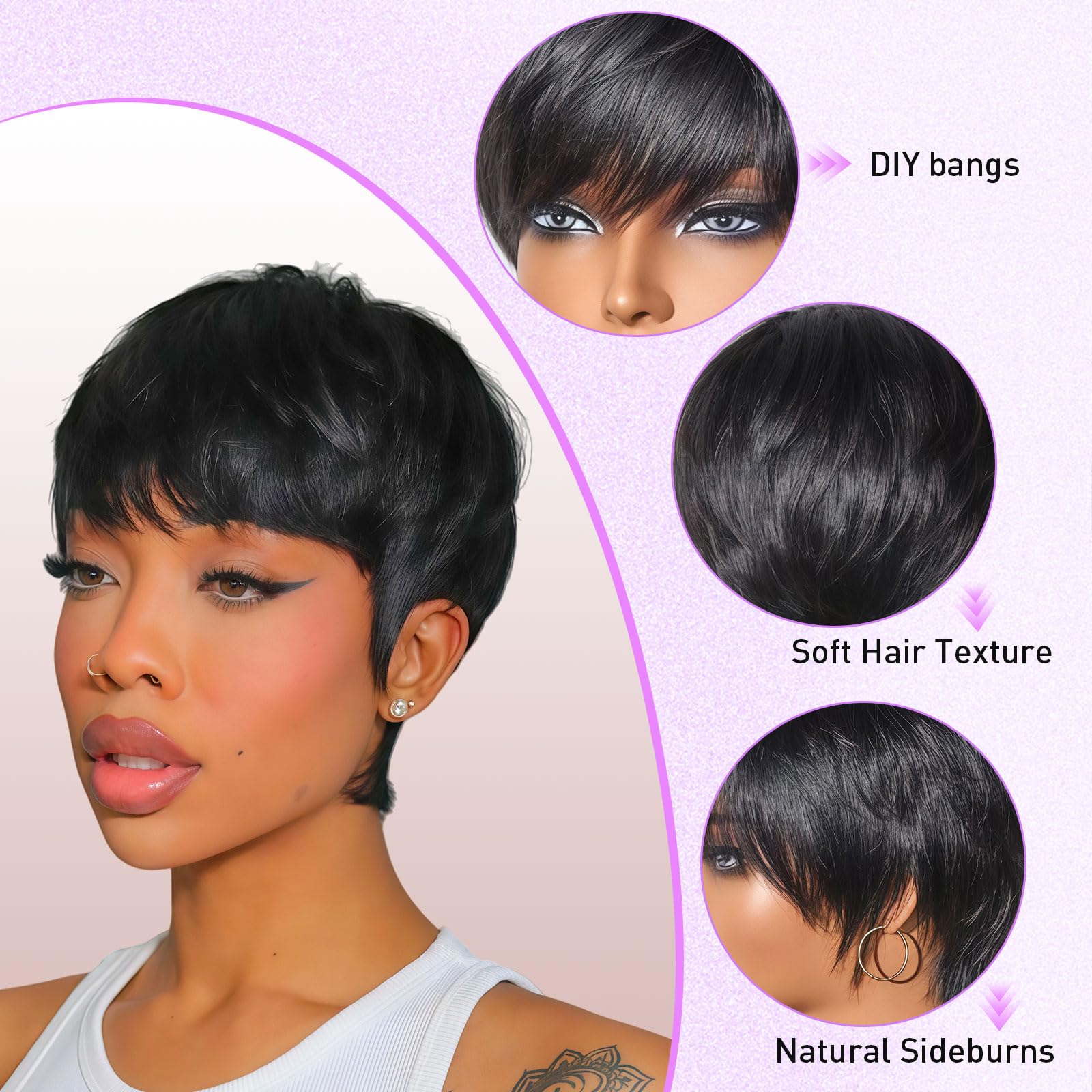 Pink Planet Human Hair Pixie Cut Wig for Black Women