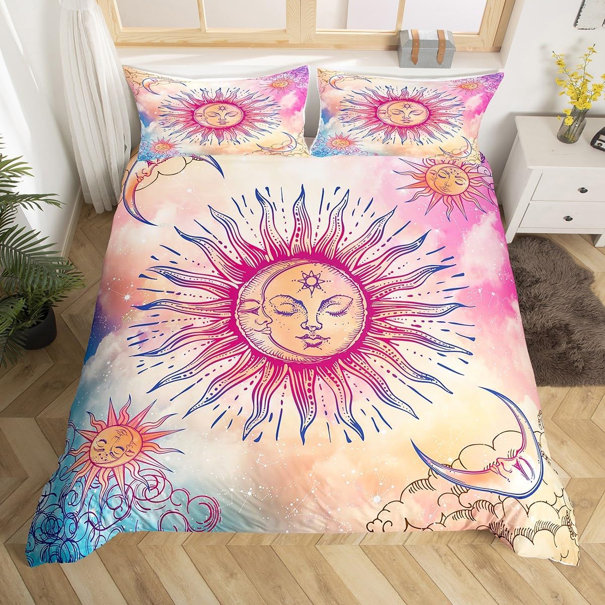 Sun and Moon Duvet Cover Twin Stars Galaxy Constellation Bedding Set Pink Pastel Tie Dye Comforter Cover For Kids Girls Women,Cute Aesthetics Clouds Celestial Plants Bedspread Cover 1 Pillow Case