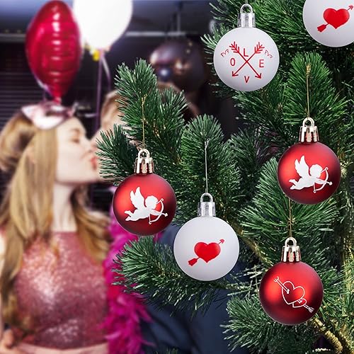 Miniatura 4 de Deloky 24 adornos de bola para el día de San Valentín, adornos de bola colgante de corazón de Cupido rojo y blanco de 1.5 pulgadas, decoraciones del