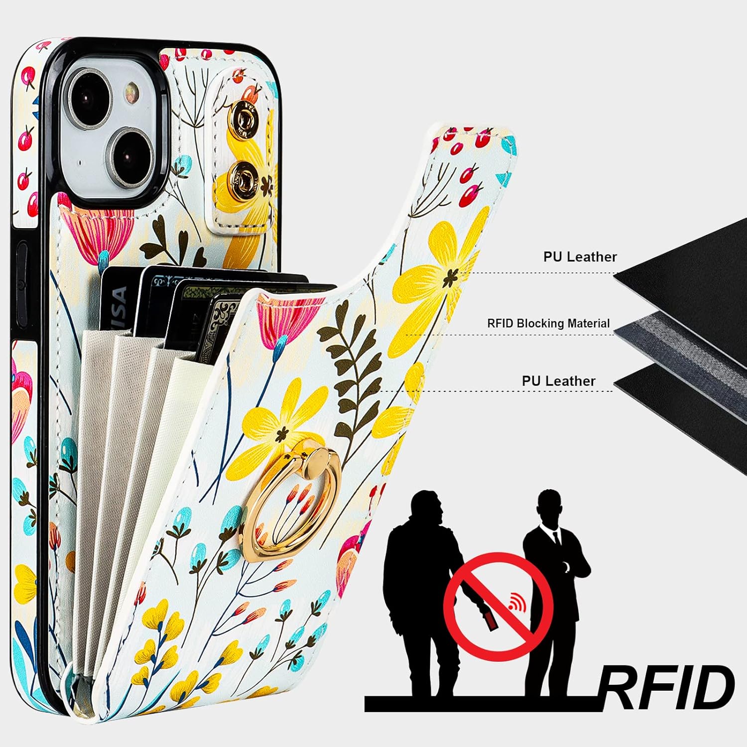 HAOPINSH for iPhone 13/ iPhone 14 Wallet Case with Card Holder, 360°Rotation Ring Kickstand, Floral Flower Pattern, RFID Blocking Leather for Girls Women, Double Buttons Flip Protective Cover 6.1"