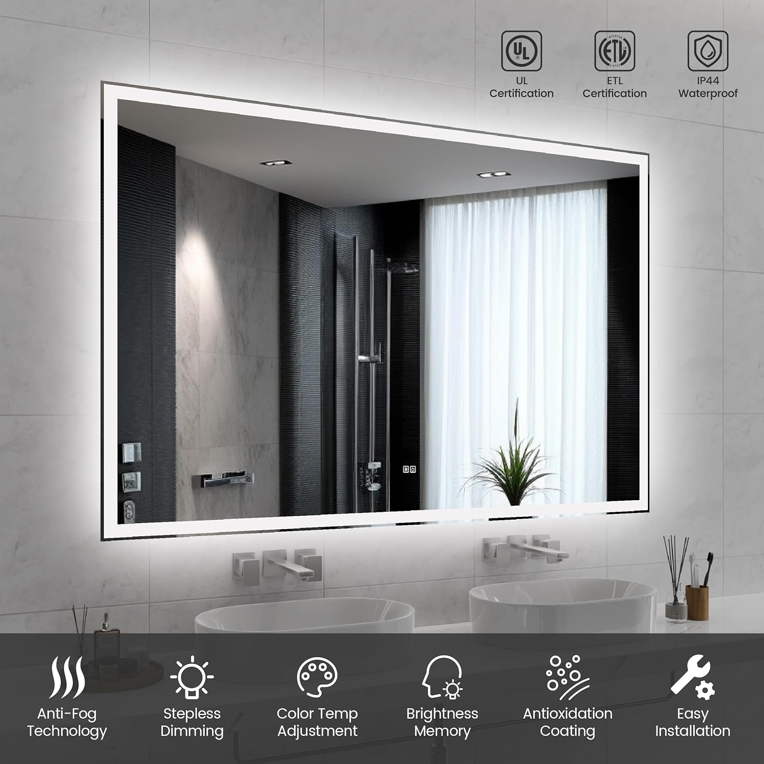72"x48" Modern LED Smart Mirror Bathroom Mirror, Front Lit & Back Lit with 3 Color Adjustable, Memory Function, Anti-Fog, Time Mode Control[Unable to Ship on Weekends]