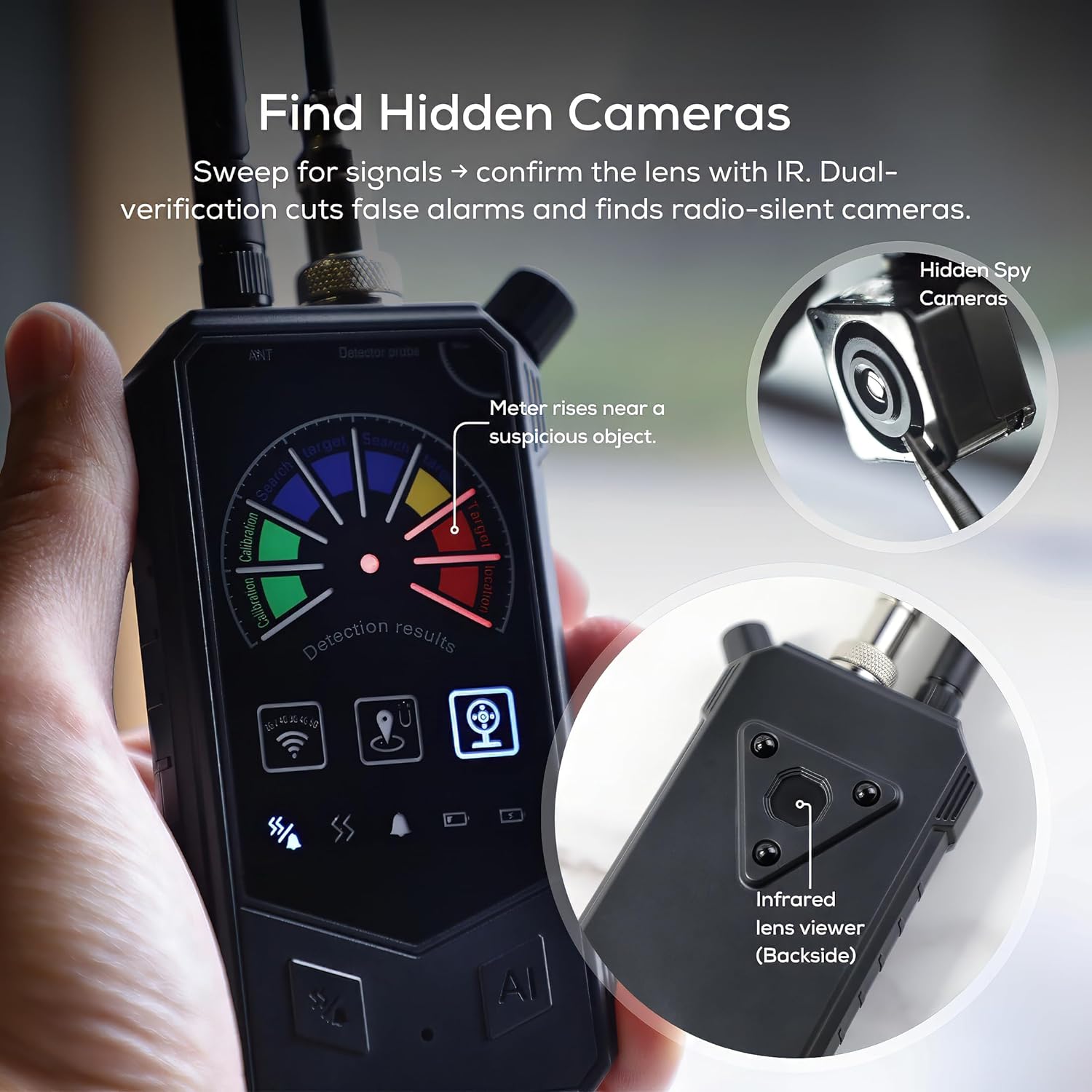 Hidden Bug and Camera Detector — Professional 3-in-1 GPS Tracker Detector, Wireless RF Signal Sweeper & Camera Finder, Anti-Spy Device for Vehicles, Office, Fitting Rooms, Hotels