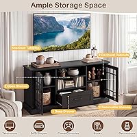 Vista 6 de Tangkula Mueble de TV Estilo Granja para TV de hasta 70 Pulgadas, Mesa Consola de Medios Alta con 2 Puertas de Cristal, Centro de Entretenimiento