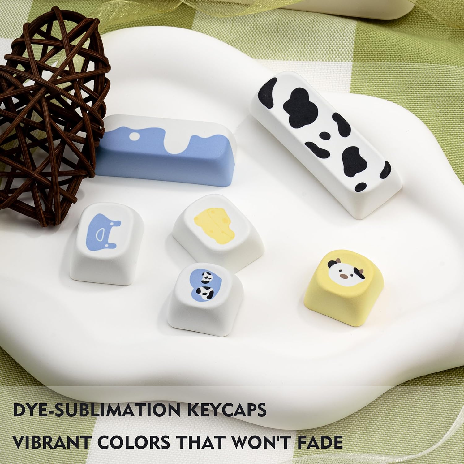 MOA Profile PBT Keycap Set, 130-Key Dye Sub Cute Keycaps, Green White Kawaii Custom Keycaps for US Layout Mechanical Keyboards (Cow Theme Design with Key Puller)