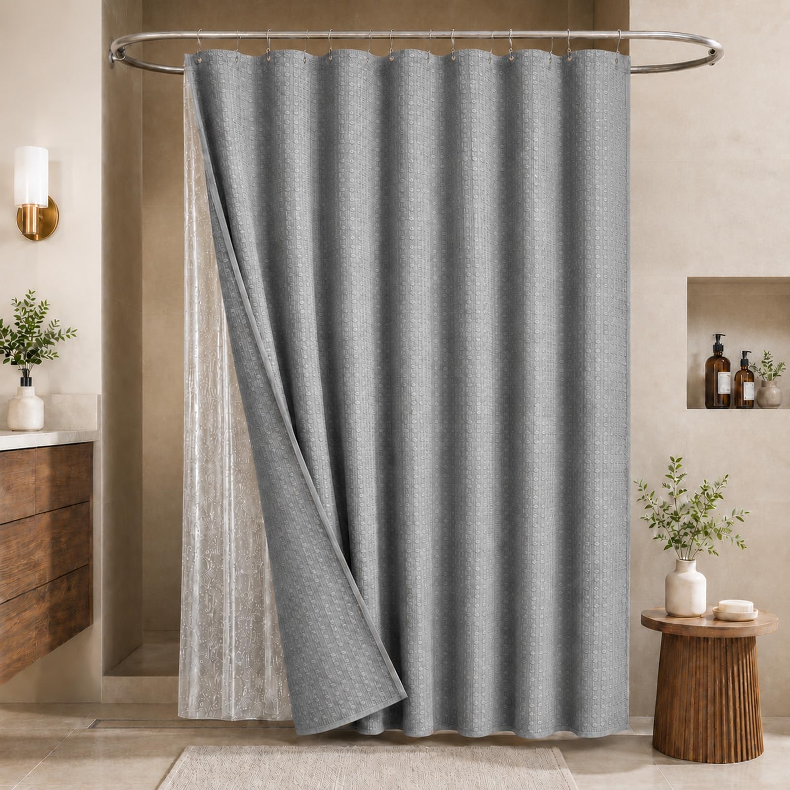 LaCyan 3-in-1-Duschvorhang-Set mit Waffelmuster, wasserdicht, mit 12 Edelstahl-Haken, doppelseitig, für Badezimmer, 183 cm, strapazierfähiges Polyestergewebe, 183 x 183 cm, Grau