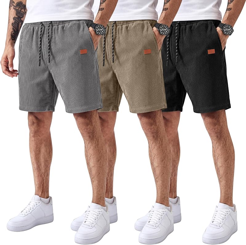 Neer 3 Pack Men's Corduroy Casual Shorts | Elastic Waist Drawstring Shorts, 7 Inch Lightweight Summer Beach, Loose Fit with Pockets
