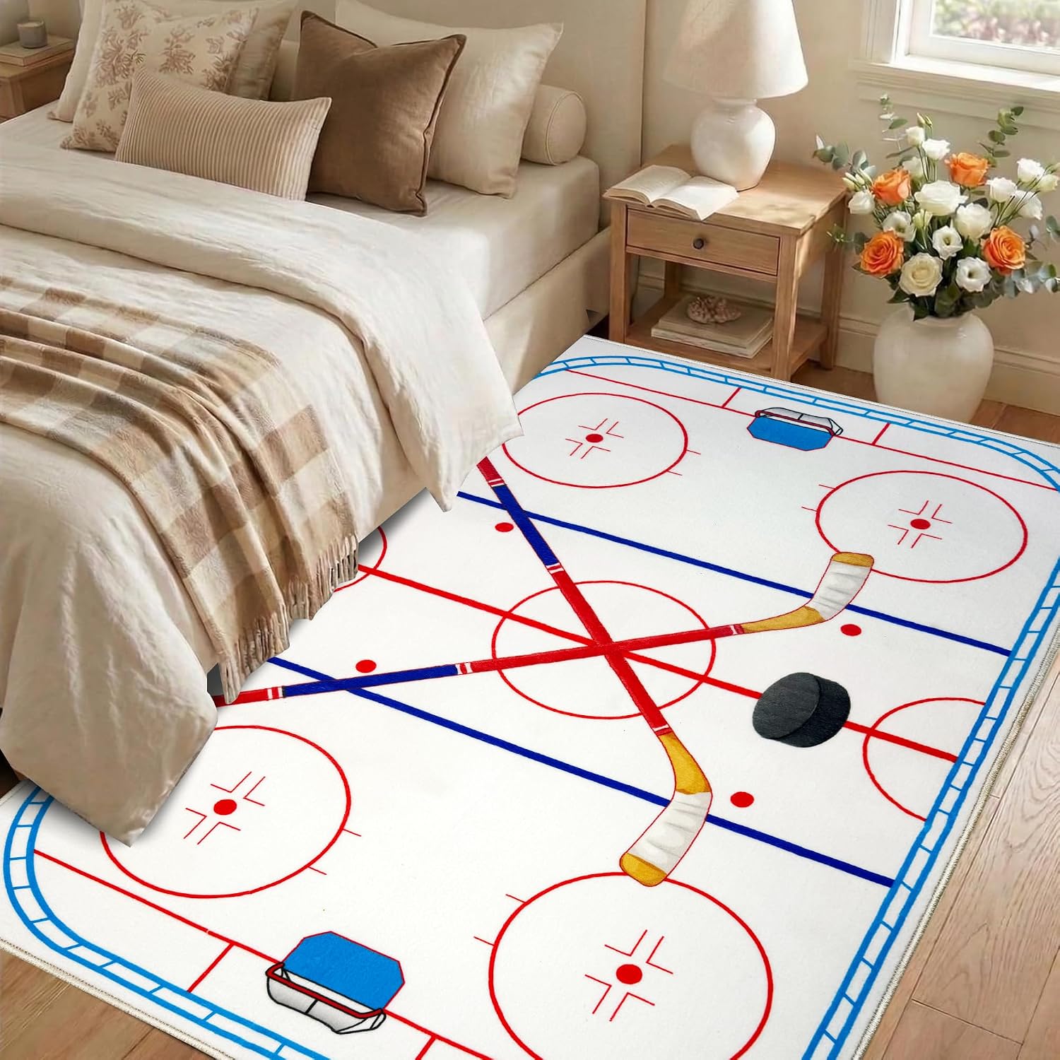 Hockey Rug 5x7 FT, Non Slip Washable Low Pile Sports Carpet, Modern Hockey Room Decor for Man Cave and Game Room image 5