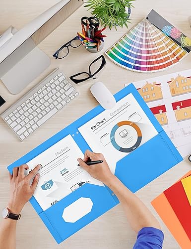 Miniatura 7 de Paquete de 6 carpetas de plástico de 3 agujeros perforadas con 2 bolsillos, carpetas de 3 agujeros con bolsillos con ranura para tarjetas de visita,