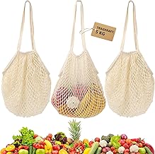 Reusable Cotton Shopping Bags Set of 3 Beige Sand Toys Fruit Vegetable Bag with Long Handle for Shopping, Beach, Toys, Fruit