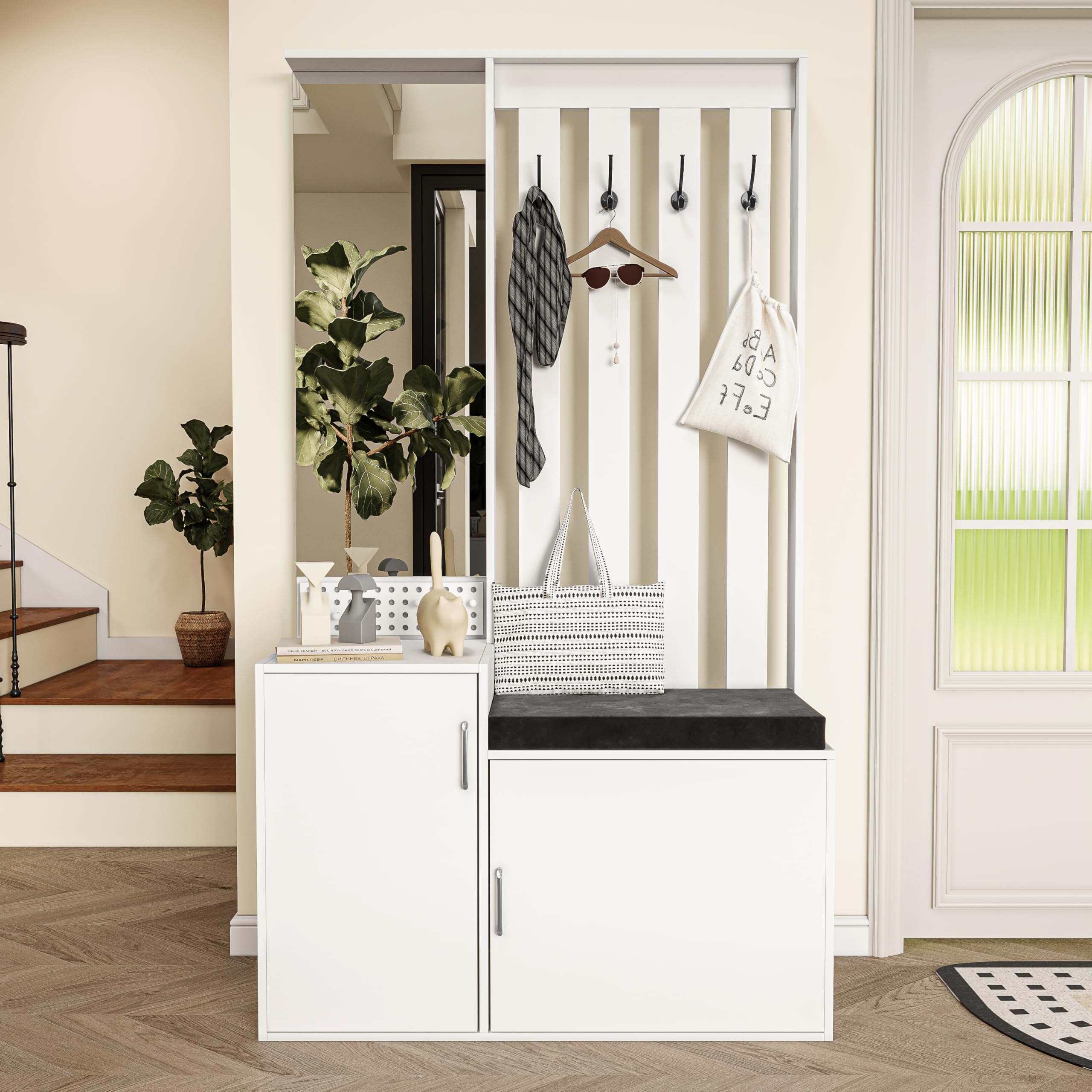 Mobile Ingresso Moderno Bianco con Ganci,Scarpiera,Specchio - Appendiabiti con Panca da Scarpe per Corridoio/Entrata,MDF,Salvaspazio,100x40x180 cm