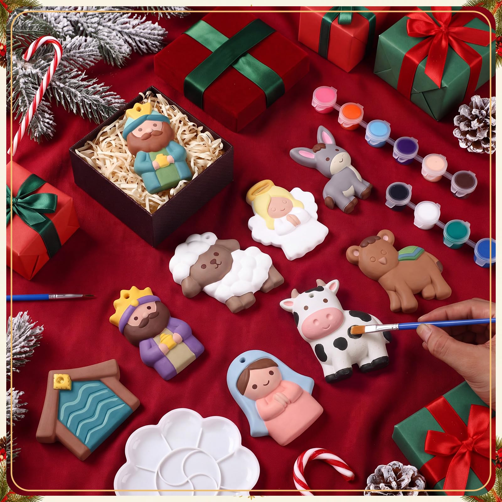 Soulchen Lot de 24 kits de peinture en céramique pour crèche de Noël - Peinture religieuse sur le thème de la naissance de Jésus - Décorations pour les vacances à faire soi-même - Kit d'activités de