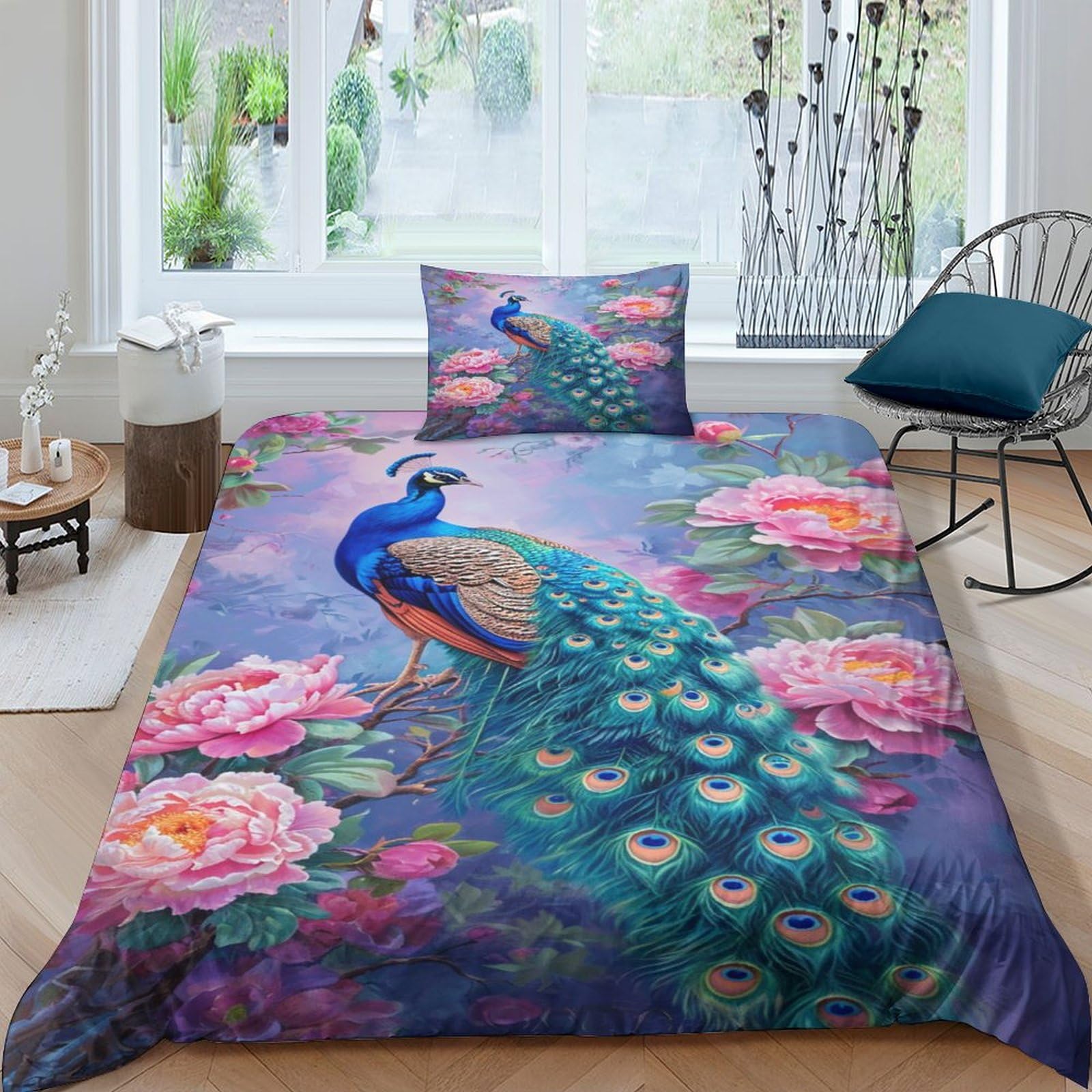 NRAOPEVVD Peacock Duvet Cover Sets 3 PCS Hotel Quality Quilt Cover Bedding Bed Covers with Pillowcases with Zipper Closure Hypoallergenic Soft Breathable Microfiber Single（135x200cm）