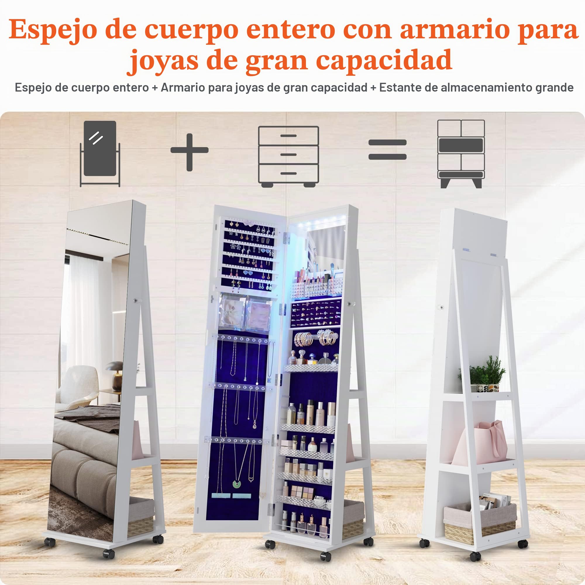 Lvifur 6LEDS Armario para Joyas con espejo de cuerpo completo,Espejo Joyero giratorio de 360​​​​°con 4 ruedas,organizador de joyas con espejo de pie con gran espacio de almacenamiento (6LED Blanco)