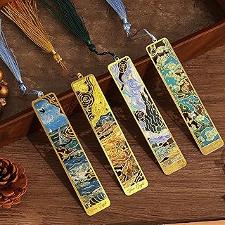 4 Pieces Metal Bookmarks with Tassel, Golden Hollow Bookmark Oil Painting Theme Book Mark Bookmarks for Book Lovers Writers Readers Children Teens for Women Adults Teen